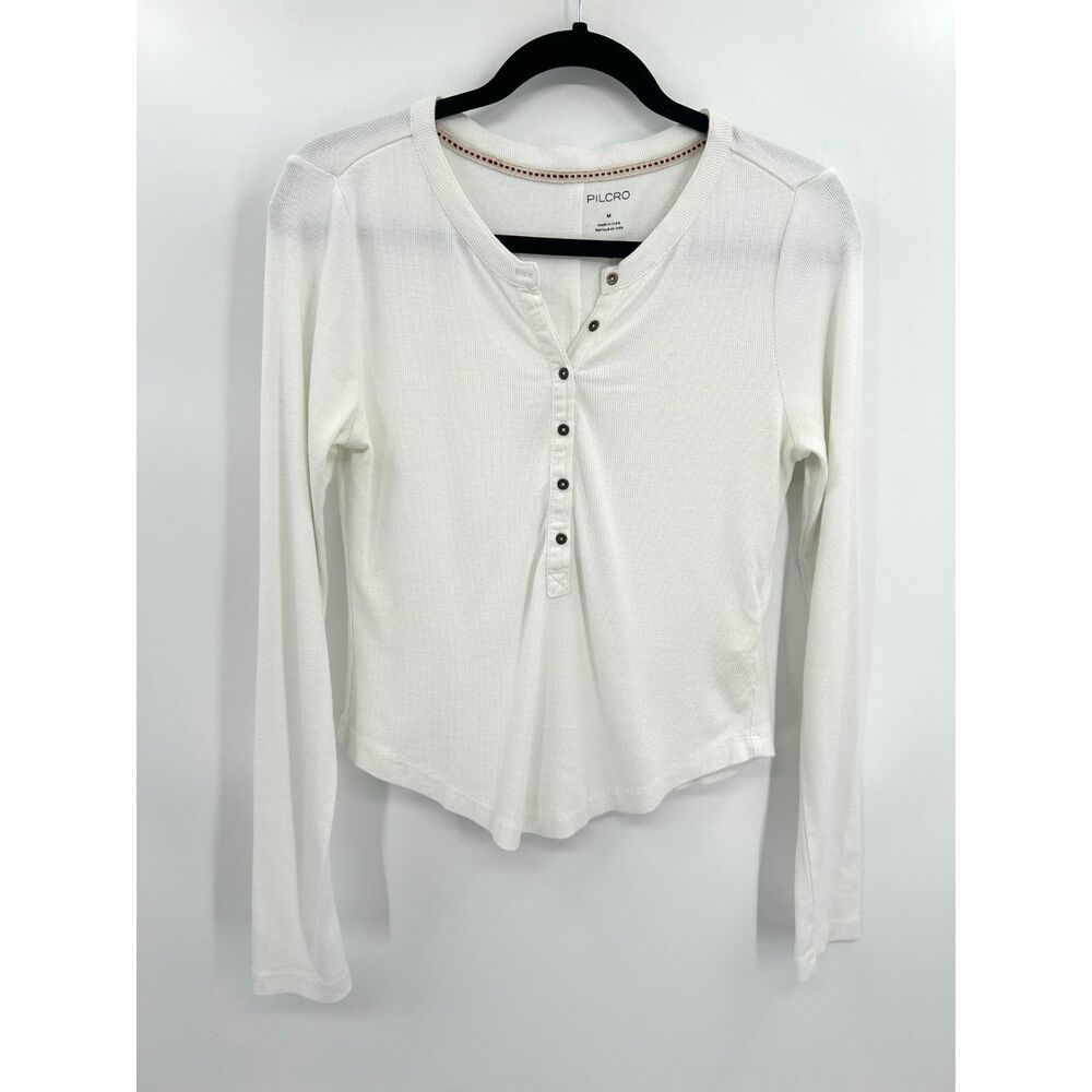 ANTHROPOLOGIE Pilcro White Ribbed Knit Henley Long Sleeve Fitted Top Size Medium
